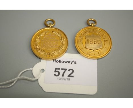 An Edwardian 15ct gold cycling medal, inscribed Crouch Hill C.C. 1880, the reverse with a commemorative inscription within a 