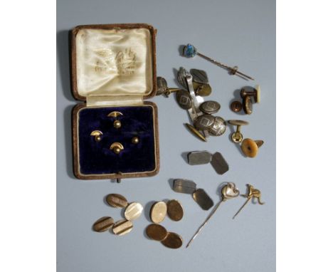 A pair of Victorian oval cufflinks, marked 15ct, a pair of 9ct gold cufflinks, a boulder opal stick pin, a Kangaroo stick pin