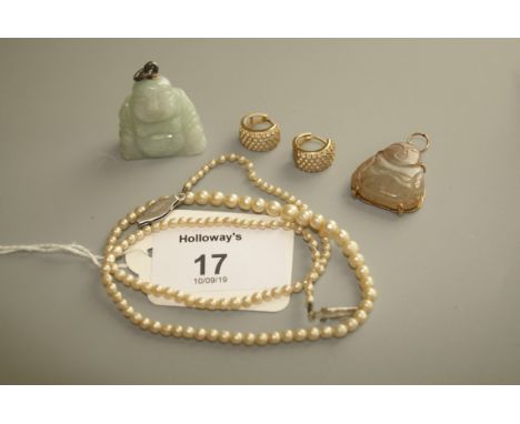 A pair of 9ct gold stone set hoop earrings, two jade Bhuddas and a simulated pearl necklace