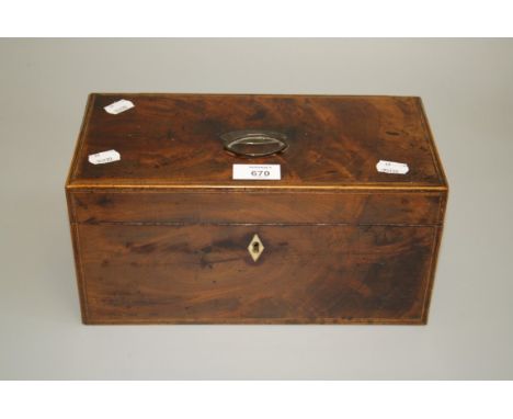 An early 19th century mahogany boxwood strung tea cannister, with twin caddy interior, 15 x 30 x 15cm