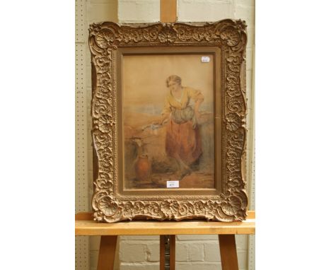 R J Hammerton A lady filling a water urn from a spring in a wall watercolour, bearing old gallery label verso 43 x 29cm