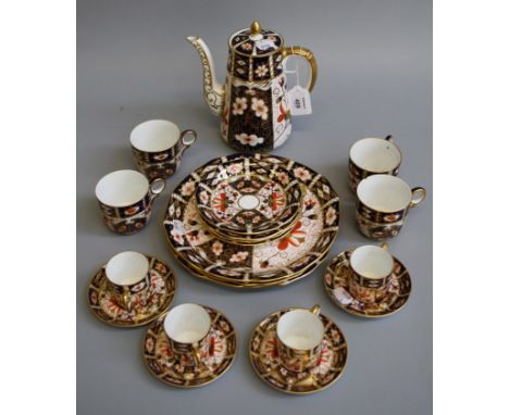 A matched Royal Crown Derby Imari, part tea and coffee service, comprising coffee pot and cover, four cans and saucers, three