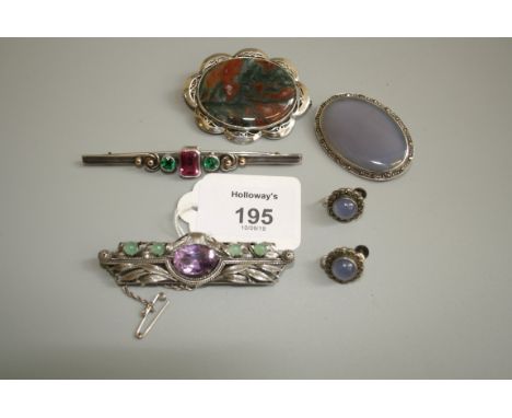 An Arts and Crafts silver, amethyst and chrysophase brooch, in the manner of Bernard Instone, the open work leafy rectangular