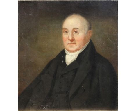 Early 19th century English school, half length portrait of a gentleman wearing white collar and black coat Oil on canvas, 76 