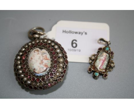 A Viennese gem set turquoise, pearl and enamel hunting cased lady's watch, central enamel plaque of a cherub within bands of 