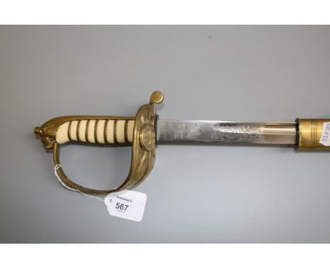 A mid 20th century, probably Wilkinson, naval officer's dress sword and scabbard, with mock shagreen grip and etched blade, 9