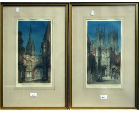 James Alphege Brewer (British 1881-1946) 'Salisbury Cathedral, High Street Gate, and 'York, Bootham Bar' a pair of coloured e