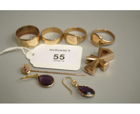 Four various rings, a Greek cross pendant, a pair of amethyst pendant earrings and a stick pick