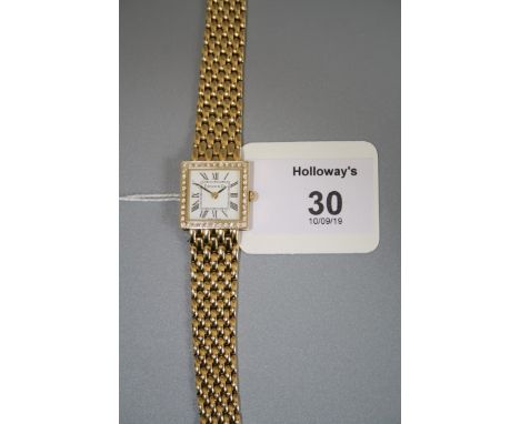 Tiffany and Co', a lady's diamond set wristwatch, the square enamel dial with Roman numerals and diamond set bezel, to an int