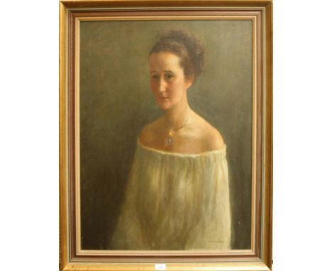 Dierdre Daines (b,.1950) Portrait of Prudence Glynn, half length wearing a blue gown oil on canvas 85 x 64cm New Grafton Gall