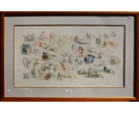 After Geldart, a pencil signed and numbered limited edition print of cats 199/750, a pair of coloured etchings after Robson, 