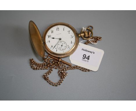 A 9ct gold curb pattern watch chain, with T bar and single chip connection, together with a gold plated hunting cased pocket 