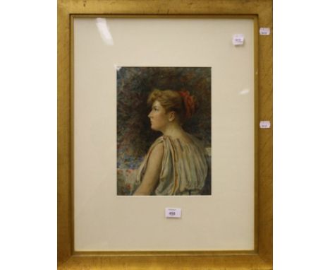 J T Steadman (19th century, British) half length portrait of a young woman with ribbon tied hair, wearing a classical robe, w