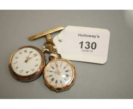 A lady's fob watch, white enamel dial with Roman numerals, 24 hour outer chapter ring, keyless cylinder movement and gilt met