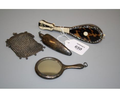 A Victorian white metal chilli form scent bottle, a silver backed 9cm hand mirror named RMS Empress of France, a small chain 