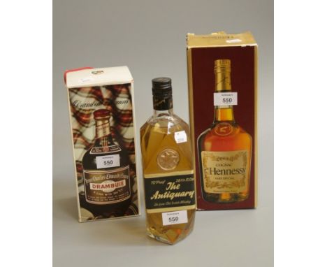 A bottle of Hennessy Very Special Cognac, a bottle of Drambuie, and a bottle of J and W Hardie Antiquary Scotch Whisky (3)