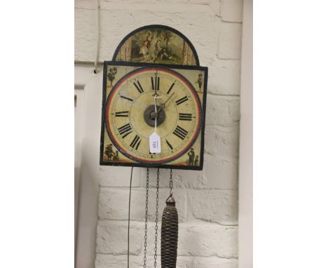 A late 19th century French provincial wall clock, the thirty hour gong striking movement faced by arched wood dial painted wi