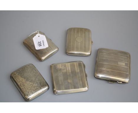 A 1940s silver engine turned cigarette case Birmingham 1944, together with four others, 12 troy oz gross weight