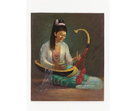 ‘LADY PLAYING THE SAUNG’ BY U LUN GYWE (BORN 1930)Oil on canvas. An early work by perhaps the greatest living Burmese painter