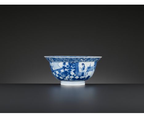 A BLUE AND WHITE ‘KLAPMUTS’ BOWL, KANGXI MARK AND PERIODChina, 1662-1722. The rounded sides rising from a short foot to a wid