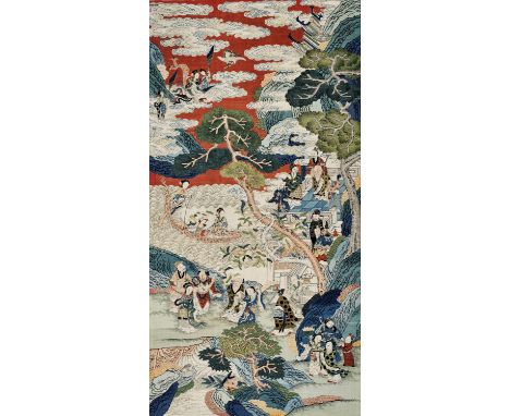 AN IMPORTANT AND LARGE KESI ‘PEACH FESTIVAL’ PANEL, QING DYNASTYChina, 1644-1912. Richly embroidered in bright colors with a 