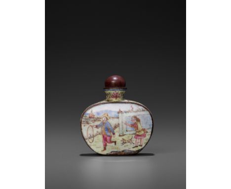 A CANTON ENAMEL ON COPPER ‘EUROPEAN SUBJECT’ SNUFF BOTTLE, QIANLONG MARK AND PERIODChina, 1735-1796, four-character mark Qian