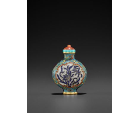 AN IMPERIAL CLOISONNE AND GILT-BRONZE ‘LOTUS AND ASTER’ SNUFF BOTTLE, QING DYNASTYChina, 18th century. Well enameled on each 