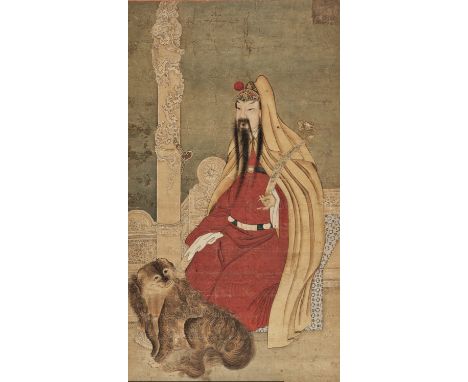 ‘CONFUCIUS AND BUDDHIST LION’, MING DYNASTYChina, 1368-1644. Ink and watercolors on paper. The great philosopher seated on an