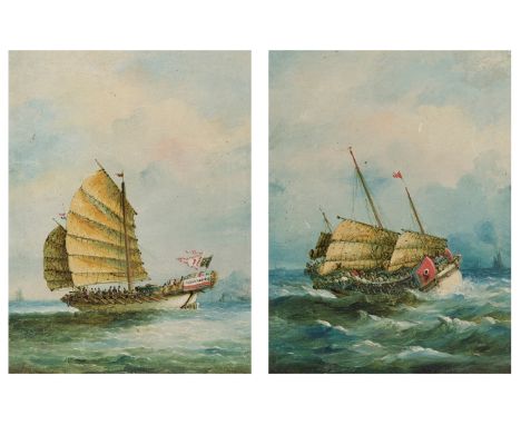‘CHINESE JUNKS’, A PAIR, CHINESE SCHOOL, 19TH CENTURYChina, Canton, oil on canvas. The first depicting a Chinese junk in the 