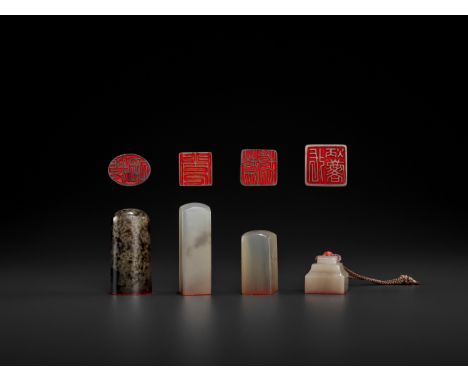 FOUR CHALCEDONY SEALS, MID-QING TO REPUBLICChina, late 18th to early 20th century. Three seals of square form with slightly d