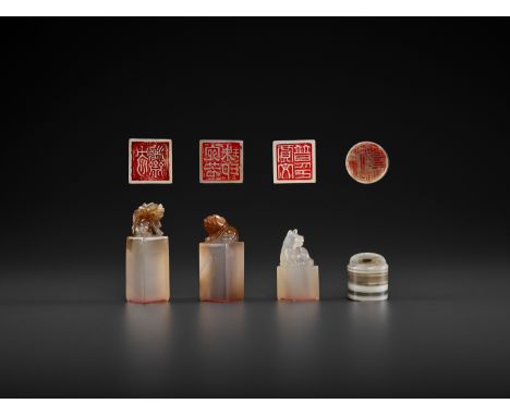 FOUR AGATE SEALS, MID-QING TO REPUBLICChina, late 18th to early 20th century. One banded agate seal of circular form and surm