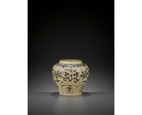 A VIETNAMESE BLUE AND WHITE ‘FLORAL’ JAR, 15TH CENTURYVietnam. The baluster body rising to a short neck, the exterior painted