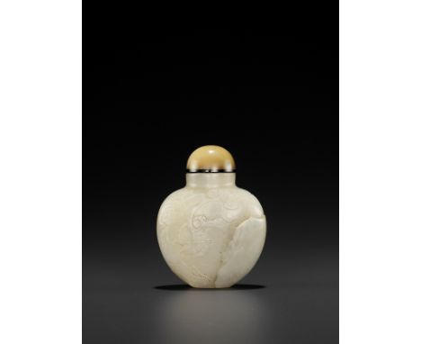 A PALE CELADON NEPHRITE ‘THREE FRIENDS OF WINTER’ SNUFF BOTTLE, 18TH CENTURYChina, 1750-1800. Superbly well-hollowed through 