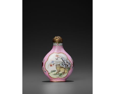 A PINK ENAMEL ‘SANYANG AND CAT’ SNUFF BOTTLE, QING DYNASTYChina, 18th century. Delicately painted on each side of the body wi
