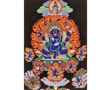 A THANGKA OF CATURBHUJA MAHAKALA, 18TH- 19TH CENTURYTibetan-Chinese. Finely painted on a black ground with the four-armed blu