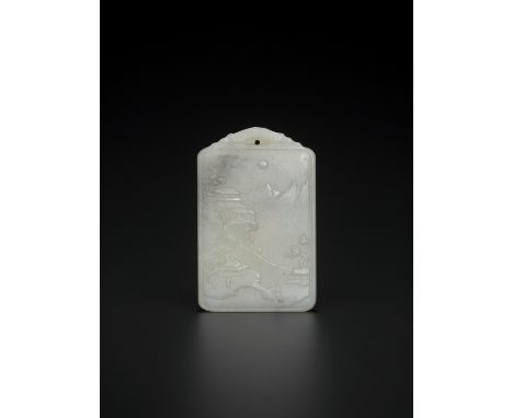 A PALE CELADON JADE ‘LANDSCAPE’ PLAQUE, QING DYNASTYChina, 19th century. Of rectangular form with a domed top, carved to one 