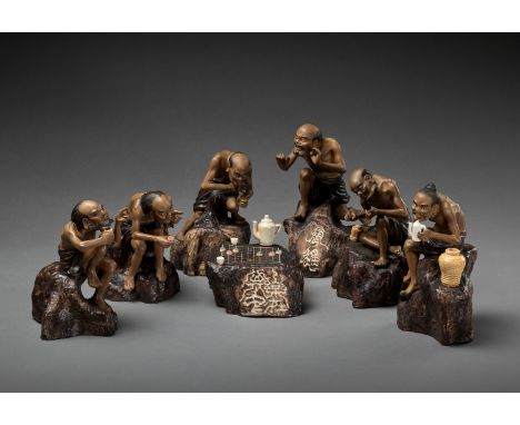 A COMPLETE AND RARE SET OF SHIWAN ‘XIANGQI’ FIGURES, REPUBLIC PERIODChina, 1912-1949. Six men, all expressively carved, beard