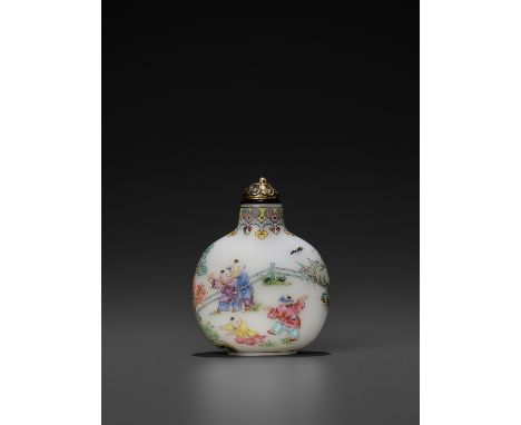 AN IMPERIAL ENAMELED WHITE GLASS ‘BOYS’ SNUFF BOTTLE, QIANLONG MARK AND PERIODChina, 1760-1780. Masterfully painted in soft e