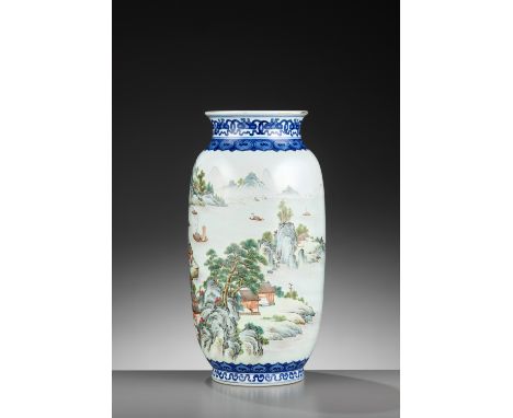 AN ENAMELED ‘LANDSCAPE’ LANTERN VASE, QIANLONG MARK AND POSSIBLY OF THE PERIODChina, 1770-1870. Sturdily potted, the baluster