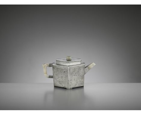 A HEXAGONAL PEWTER-ENCASED AND JADE-INSET YIXING TEAPOT AND COVER, QINGChina, 19th century. Of hexagonal form, supported on f