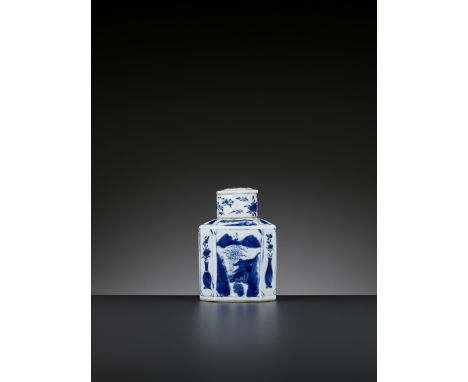 A BLUE AND WHITE OCTAGONAL TEA CADDY, KANGXI PERIODChina, 1662-1722. The sides painted with flowers rising from vases and bow