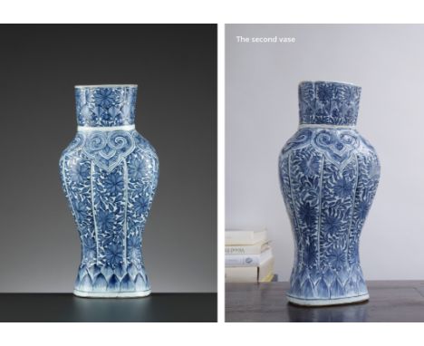 A PAIR OF MOLDED ‘FLORAL’ WALL VASES, KANGXIKangxi period, 1662-1722. Of flattened baluster shape, the body with five lobes. 