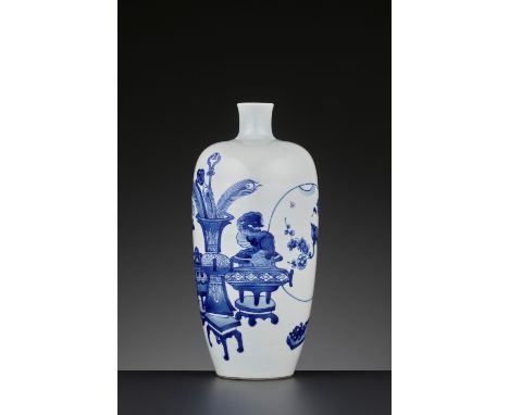 A BLUE AND WHITE ‘HUNDRED ANTIQUES’ VASE, KANGXI PERIODChina, 1662-1722. The ovoid sides rising from the recessed base to the