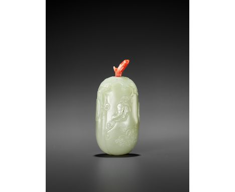 A PALE CELADON JADE MELON-FORM SNUFF BOTTLE, QING DYNASTYChina, 18th-19th century. Well hollowed through a small mouth, carve