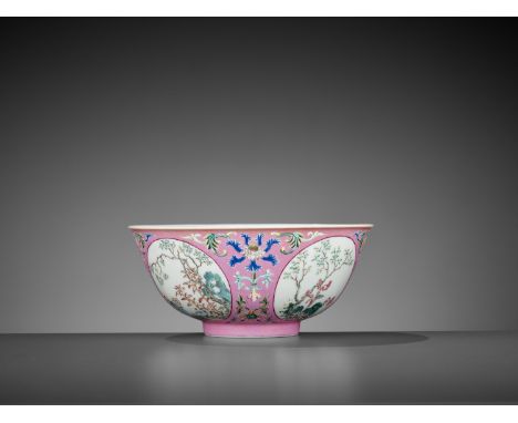 A PINK GROUND FAMILLE ROSE ‘RABBIT’ SGRAFFIATO BOWL, DAOGUANG MARK AND PERIODChina, 1821-1850. The rounded sides rising to a 
