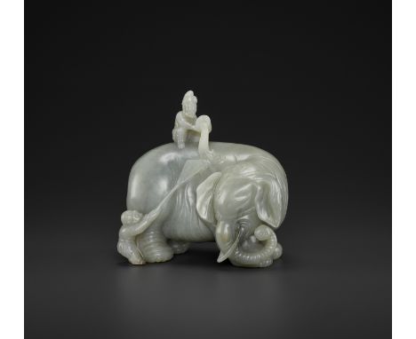 A CELADON JADE ‘WASHING THE ELEPHANT’ CARVING, QINGChina, 1644-1912. Carved as a huge elephant standing foursquare with its h