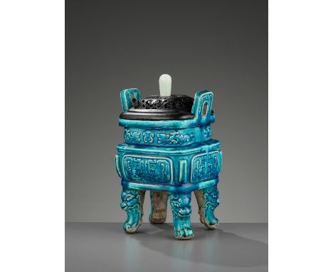 A TURQUOISE GLAZED POTTERY CENSER, FANGDING, 17TH – 18TH CENTURYChina, 1670-1730. The archaistic vessel raised on four legs i