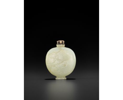 A RARE PALE CELADON ‘CRANE AND DEER’ JADE SNUFF BOTTLE, BIANHU, QING DYNASTYChina, 18th – early 19th century. The bottle in t