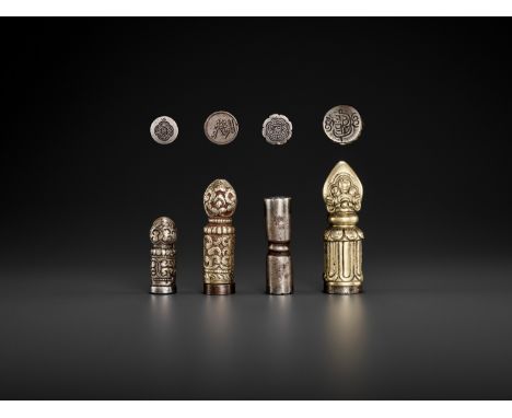 FOUR TIBETAN-CHINESE METAL SEALS, MID-QING TO REPUBLICTibetan-Chinese, late 18th to early 20th century. Each of cylindrical f