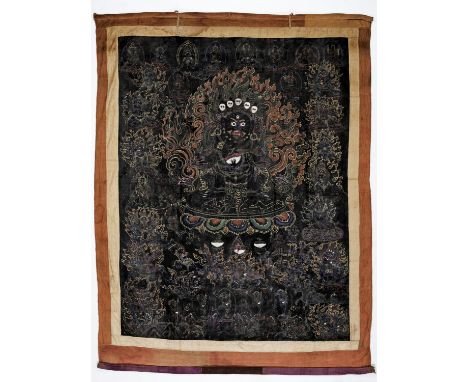 A VERY LARGE BLACK-GROUND THANGKA OF PANJARNATA MAHAKALA, 18TH CENTURYTibet. Distemper and gold on cloth. The wrathful protec